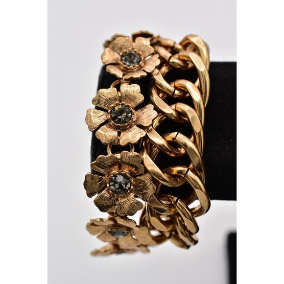 J.Crew Vintage Flower Crystal Bracelet Antiqued Gold Chain Heavy Signed Bin6 - Picture 1 of 12